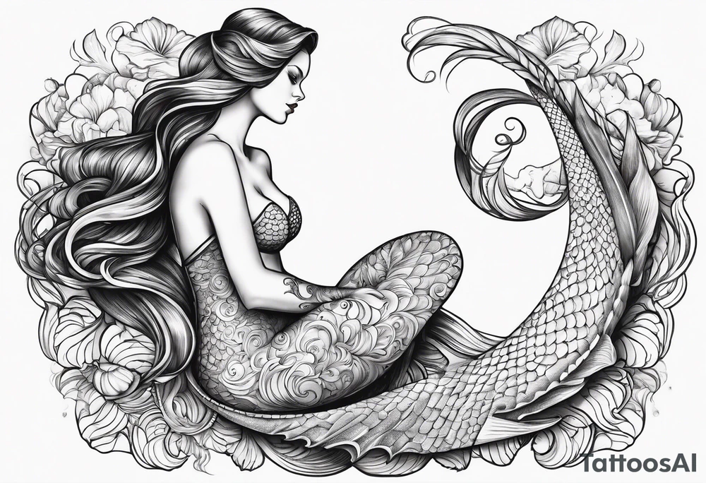 Draw a mermaid body with nice long fish tail with a shell bra tattoo idea