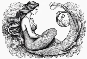Draw a mermaid body with nice long fish tail with a shell bra tattoo idea