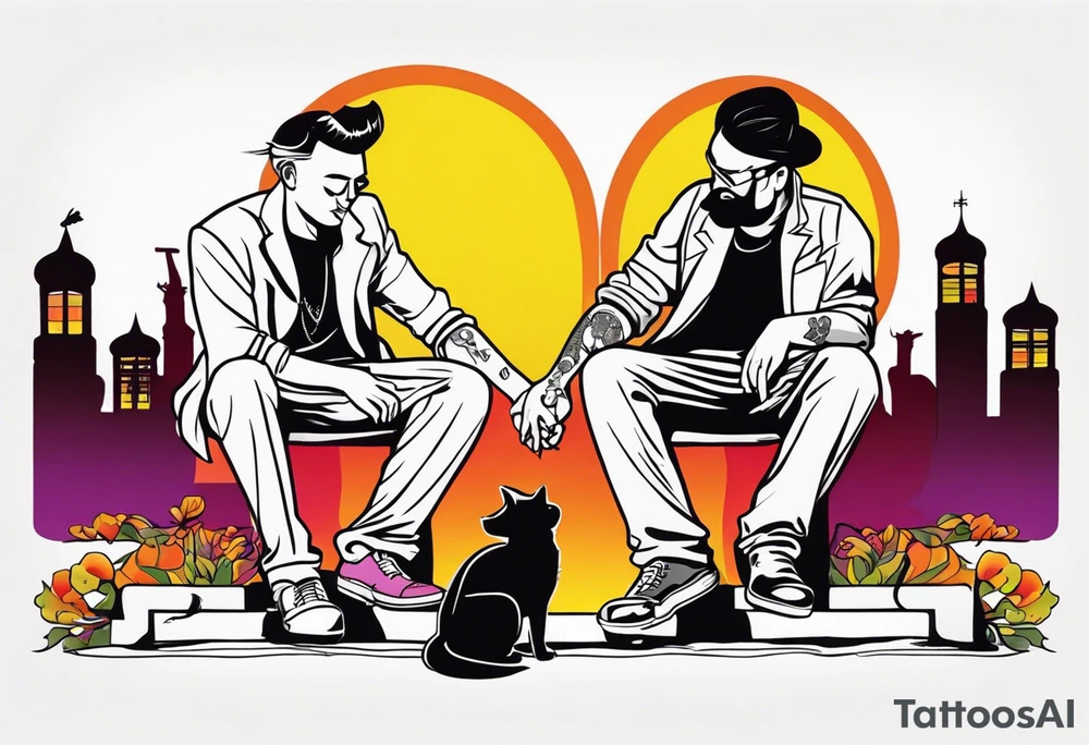 2 black shadows of people standing over 2 dead siloets tattoo idea