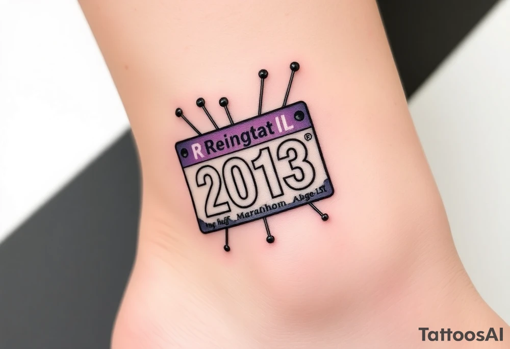 Racing half marathon bib 2013 purple and gold running safety pins piercing the skin running tattoo idea