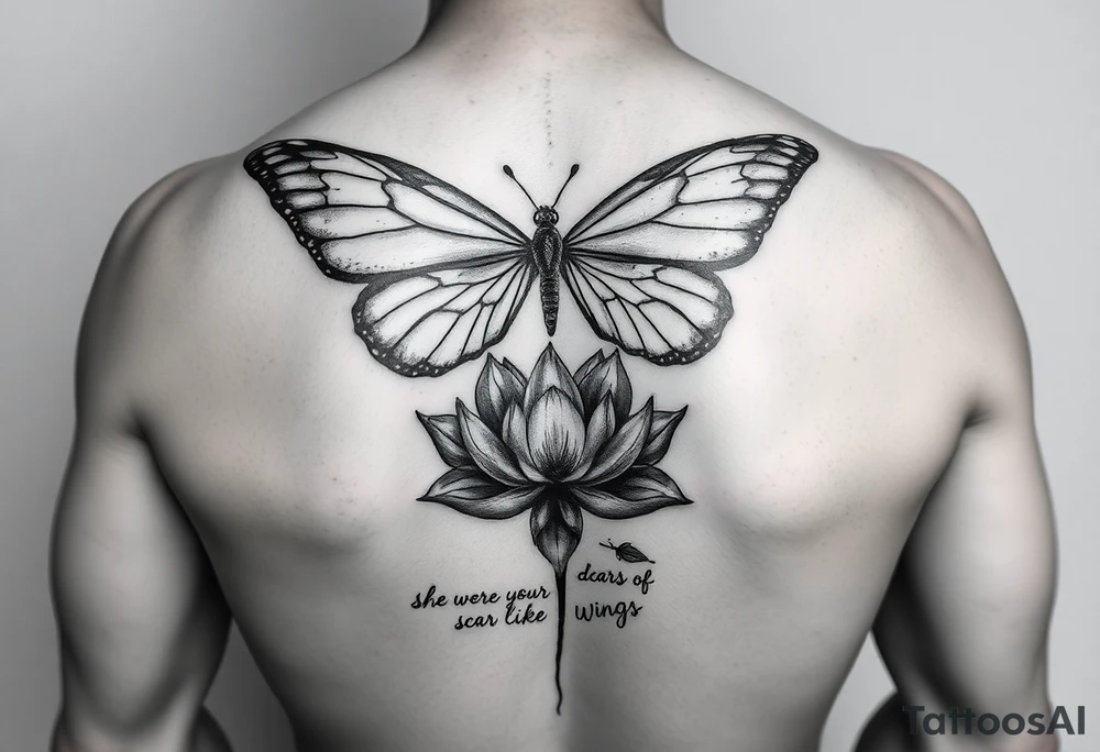 butterfly with cracked wings and lotus flower with quote that says “she wore her scars like wings” all down spine but very elegant towards lower back and small tattoo idea