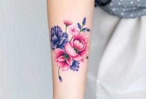 Purple Chrysanthemum, pink Peony, and dark blue Larkspur bouquet  with blood tattoo idea
