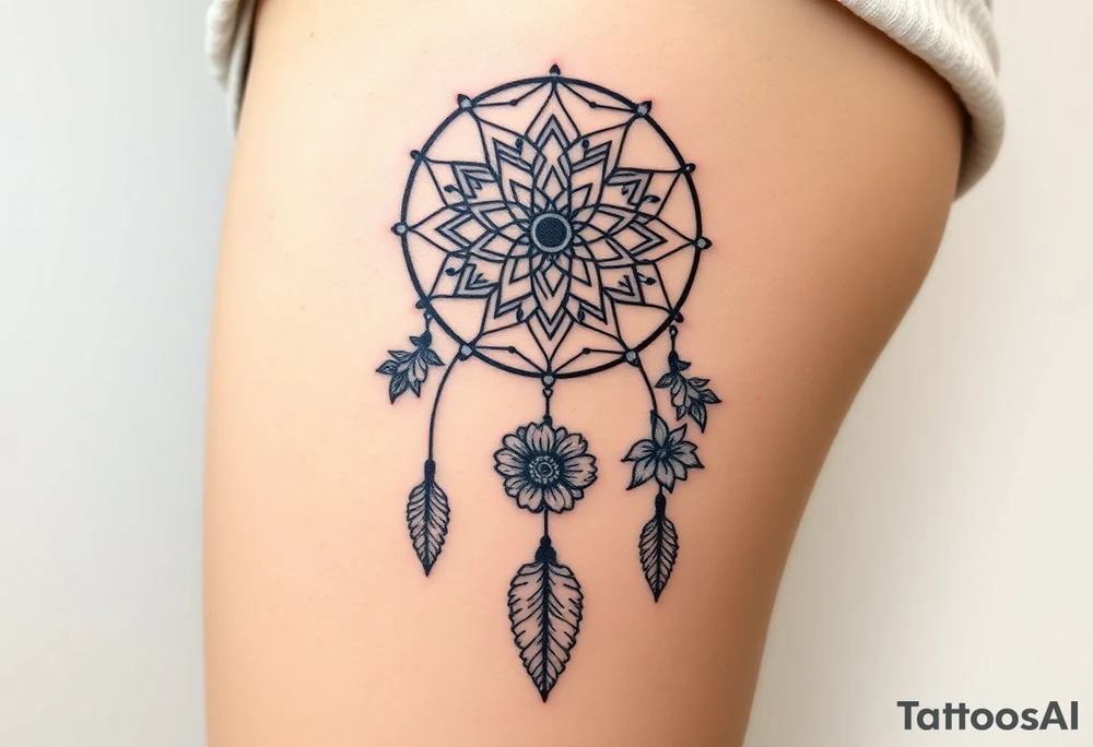 Dreamcatcher with zodiac symbols and protection runes caught in it with tigerlillies roses and sunflowers tattoo idea