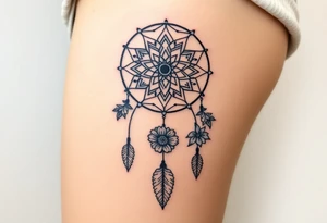 Dreamcatcher with zodiac symbols and protection runes caught in it with tigerlillies roses and sunflowers tattoo idea