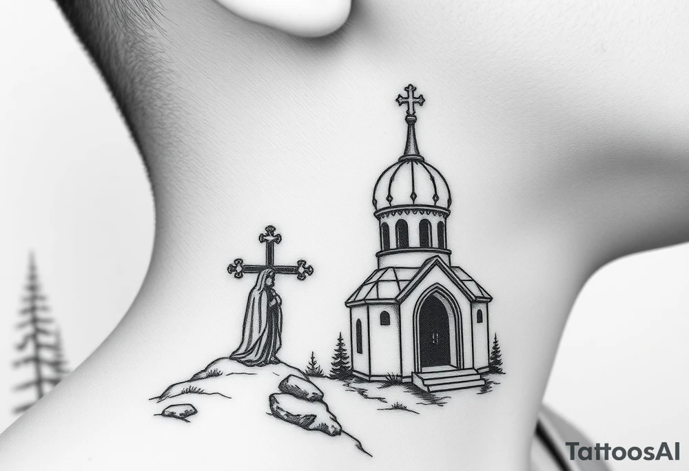 russian design traditional christian orthodox cross with a virgin mary stood beside the entrance of a russian orthodox dome church on the side of the neck in a wilderness setting tattoo idea