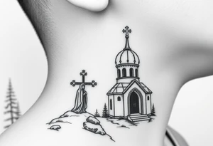 russian design traditional christian orthodox cross with a virgin mary stood beside the entrance of a russian orthodox dome church on the side of the neck in a wilderness setting tattoo idea