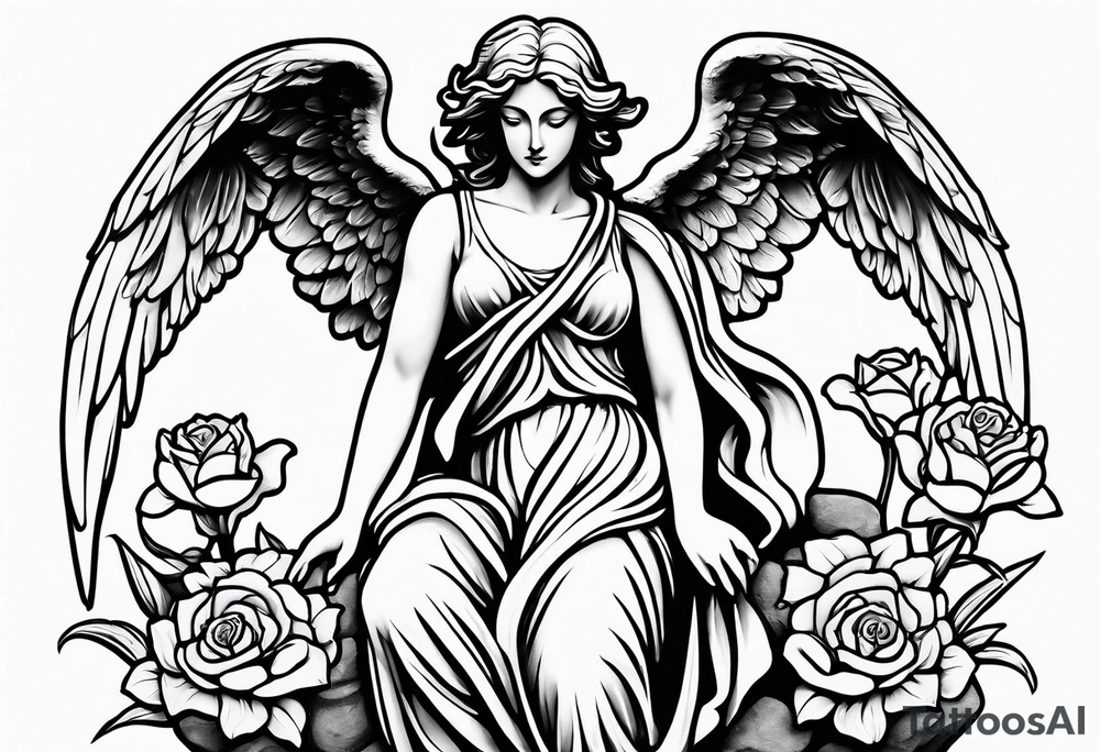 Simple Angel statue stood on a rock with daffodils and roses wrapped around its legs tattoo idea