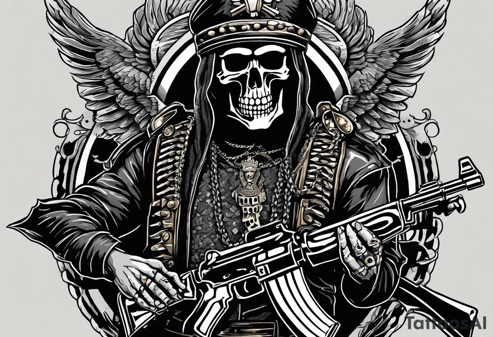 image of a skeleton standing frontally with a crown on his head, holding an AK-47 on his shoulder with his right hand. The chain on the left should be taut, there are three angry barking Dobermans in it, near the waist tattoo idea