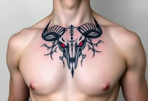 Evil Abstract looking taurus skull chest tattoo with red eyes tattoo idea