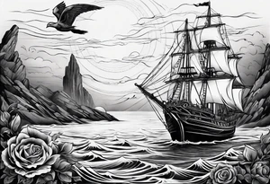 bateau, phare maritime, phoenix, rose des vents et lune bleu. tattoo idea