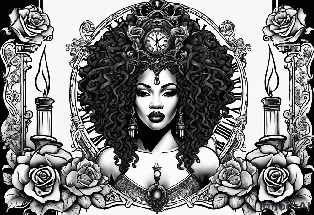 A black African queen Medusa, with blank eyes, a candle lit with smoke coming from the flame, a granddaddy clock with roses tattoo idea