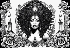 A black African queen Medusa, with blank eyes, a candle lit with smoke coming from the flame, a granddaddy clock with roses tattoo idea