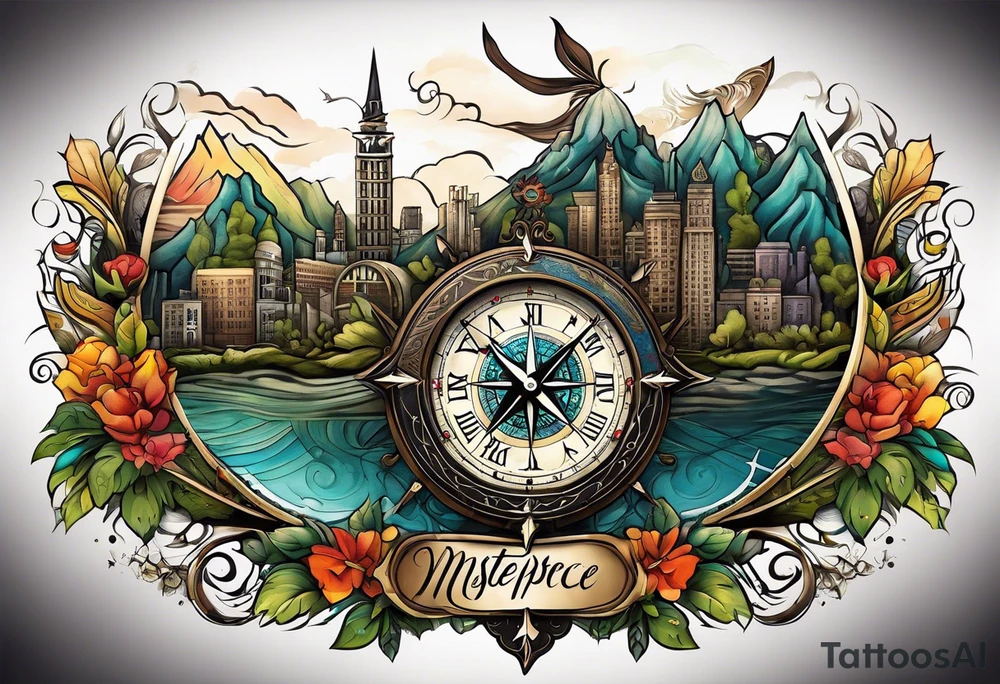 half compass half clock with arrow in the middle; nature on one side, cityscape on one side tattoo idea