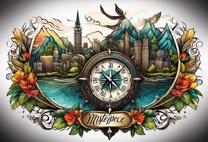 half compass half clock with arrow in the middle; nature on one side, cityscape on one side tattoo idea