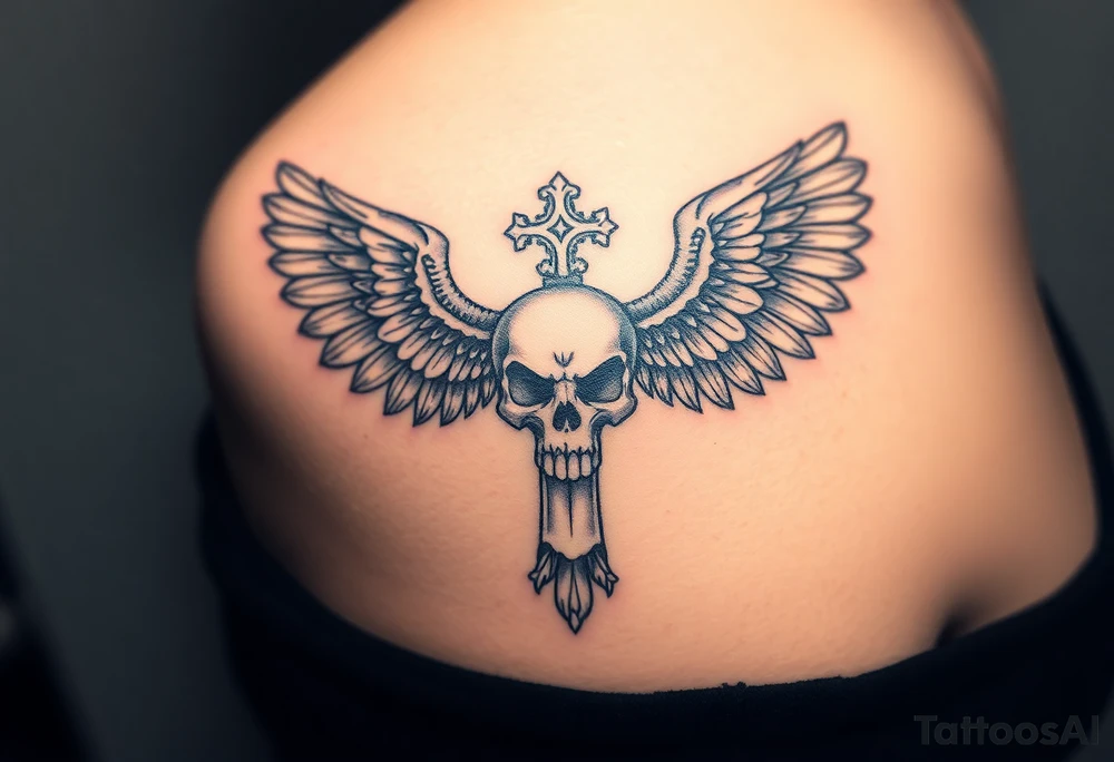A cross covered in intricate skull engravings, with skeletal wings made of bone and ash tattoo idea