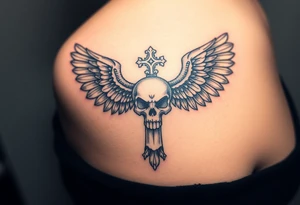 A cross covered in intricate skull engravings, with skeletal wings made of bone and ash tattoo idea