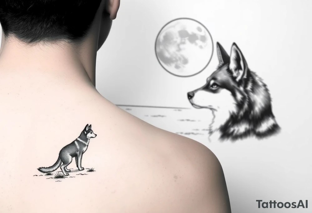 smALL HUSKY LOOKING AT A TRIBAL MOON STANDONG IN THE SAND IN THE SEA WITH THE CONSTALATION OF SAGITARIUS PUT COLOR tattoo idea