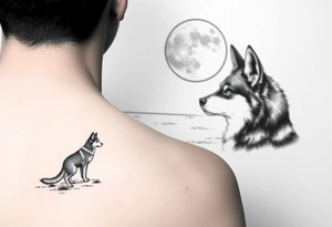 smALL HUSKY LOOKING AT A TRIBAL MOON STANDONG IN THE SAND IN THE SEA WITH THE CONSTALATION OF SAGITARIUS PUT COLOR tattoo idea