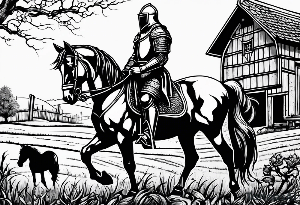 a knight kneeling with an old farm in the background and horses in the netherlands tattoo idea