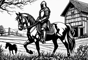 a knight kneeling with an old farm in the background and horses in the netherlands tattoo idea