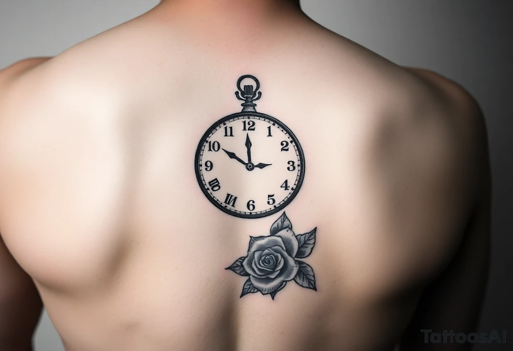 sketch of clock showing time of 12:56 with rose tattoo idea