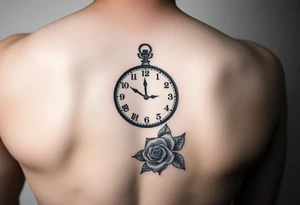 sketch of clock showing time of 12:56 with rose tattoo idea