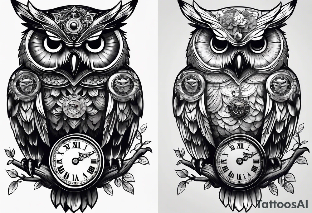 owl with a clock and skull tattoo idea