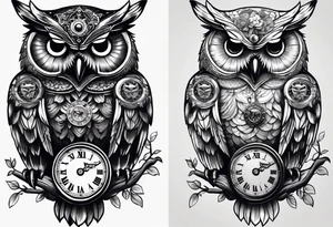 owl with a clock and skull tattoo idea