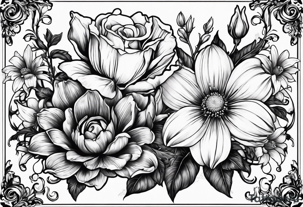Two roses, two daisies, one daffodil, one chrysanthemum, one gladiolus, one lily of the valley tattoo idea