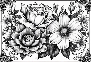Two roses, two daisies, one daffodil, one chrysanthemum, one gladiolus, one lily of the valley tattoo idea
