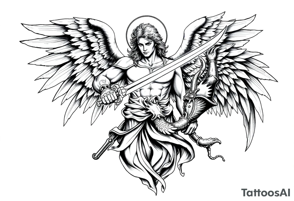 Archangel Michael holding a sword, ready for battle, defeating Lucifer tattoo idea