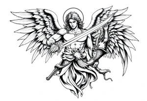 Archangel Michael holding a sword, ready for battle, defeating Lucifer tattoo idea