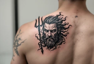 fit poseidon, behind a trident, with storm tattoo idea