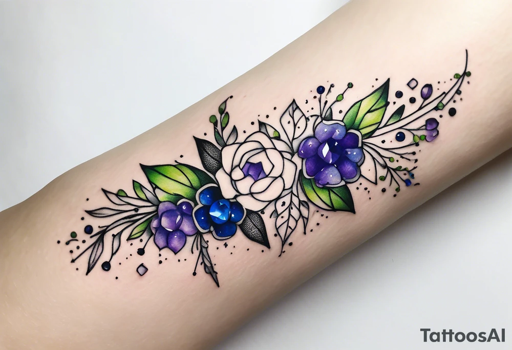 Delicate but strong garter tattoo band with sprinkles of stars and the amethyst, blue sapphire and peridot birthstones tattoo idea