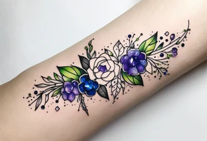 Delicate but strong garter tattoo band with sprinkles of stars and the amethyst, blue sapphire and peridot birthstones tattoo idea