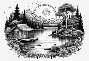 Hidden garden with lake and small cabin in woods with moon and mountains tattoo idea