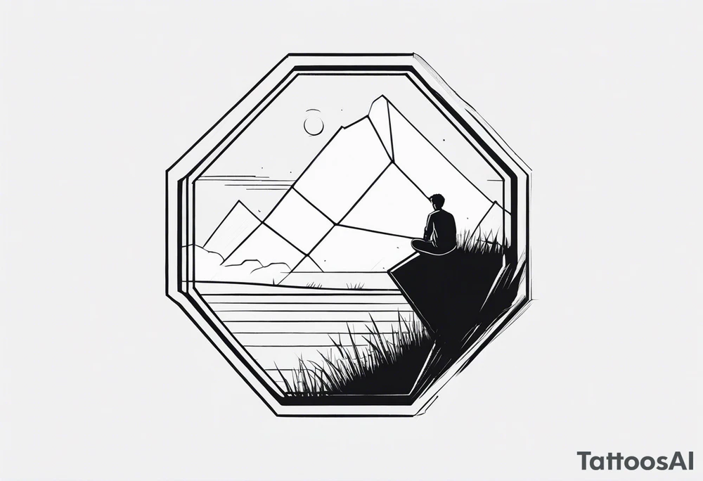 Design a tattoo featuring a hexagon framed by a bold black line. Inside the hexagon, illustrate a boy sitting on a bale of hay in a field, gazing into the distance. tattoo idea