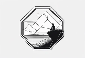 Design a tattoo featuring a hexagon framed by a bold black line. Inside the hexagon, illustrate a boy sitting on a bale of hay in a field, gazing into the distance. tattoo idea