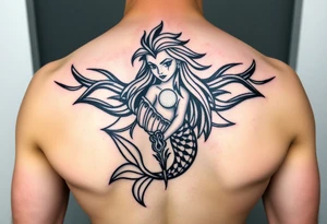 Mermaid tattoo full body soft face light grainy holding a shell in hand tattoo idea