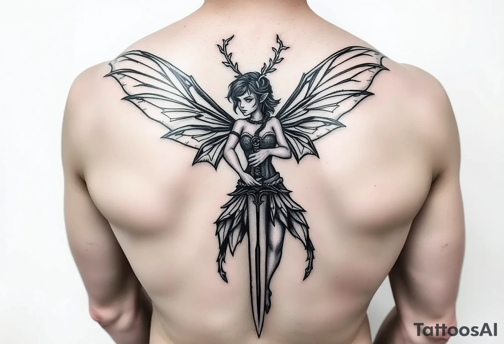 powerful fae fairy holding a sword at a battle big back peice tattoo idea