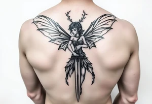 powerful fae fairy holding a sword at a battle big back peice tattoo idea