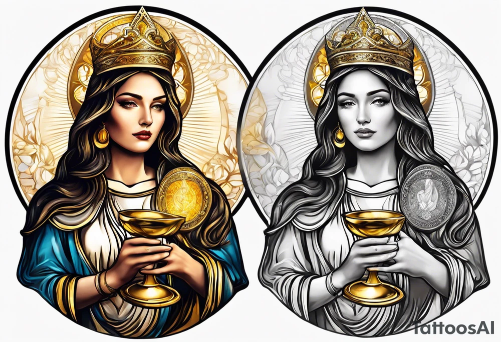 holy saint woman with golden halo holding a chalice tattoo idea