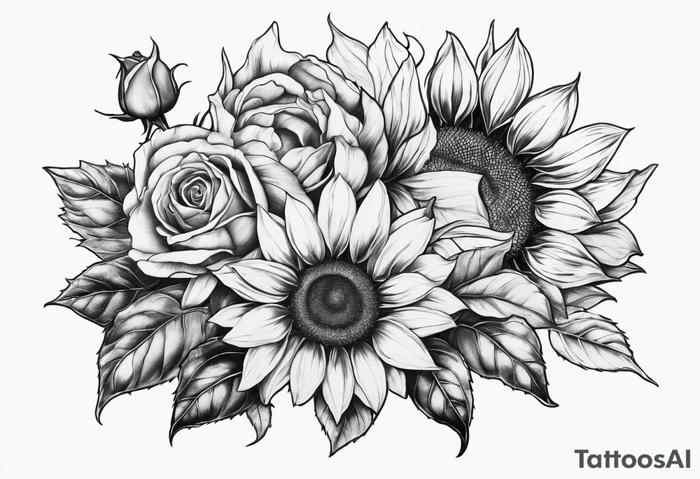 Sunflower and rose flower tattoo idea