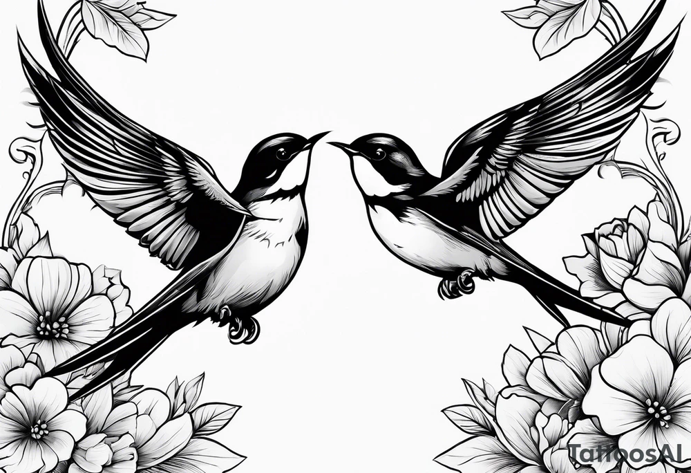 Pair of swallows with flowers in the background, simple tattoo idea