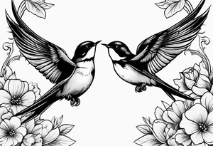 Pair of swallows with flowers in the background, simple tattoo idea