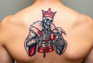 evil skeleton king in clothes having a good time getting drunk with skeleton dog tattoo idea