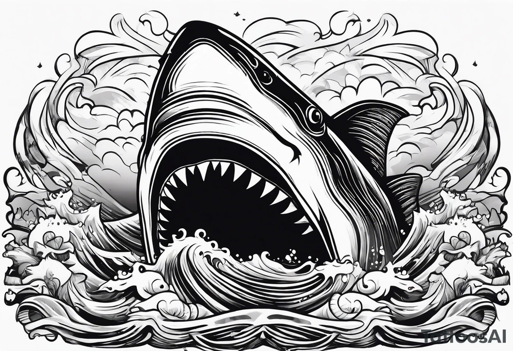 megalodon ni text vertically with the shark and the water wrapping around the text tattoo idea
