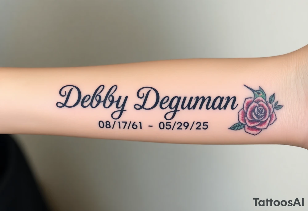 Tattoo of the exact name Debby Deguzman in chunky bold curly cursive with the exact dates of 08/17/61-05/29/25 surrounded by 1 hummingbird and 1 rose tattoo idea