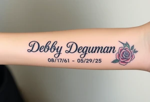 Tattoo of the exact name Debby Deguzman in chunky bold curly cursive with the exact dates of 08/17/61-05/29/25 surrounded by 1 hummingbird and 1 rose tattoo idea