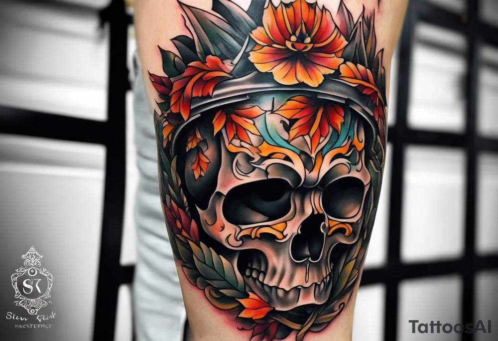 knee tattoo in fall color masculine tattoo idea